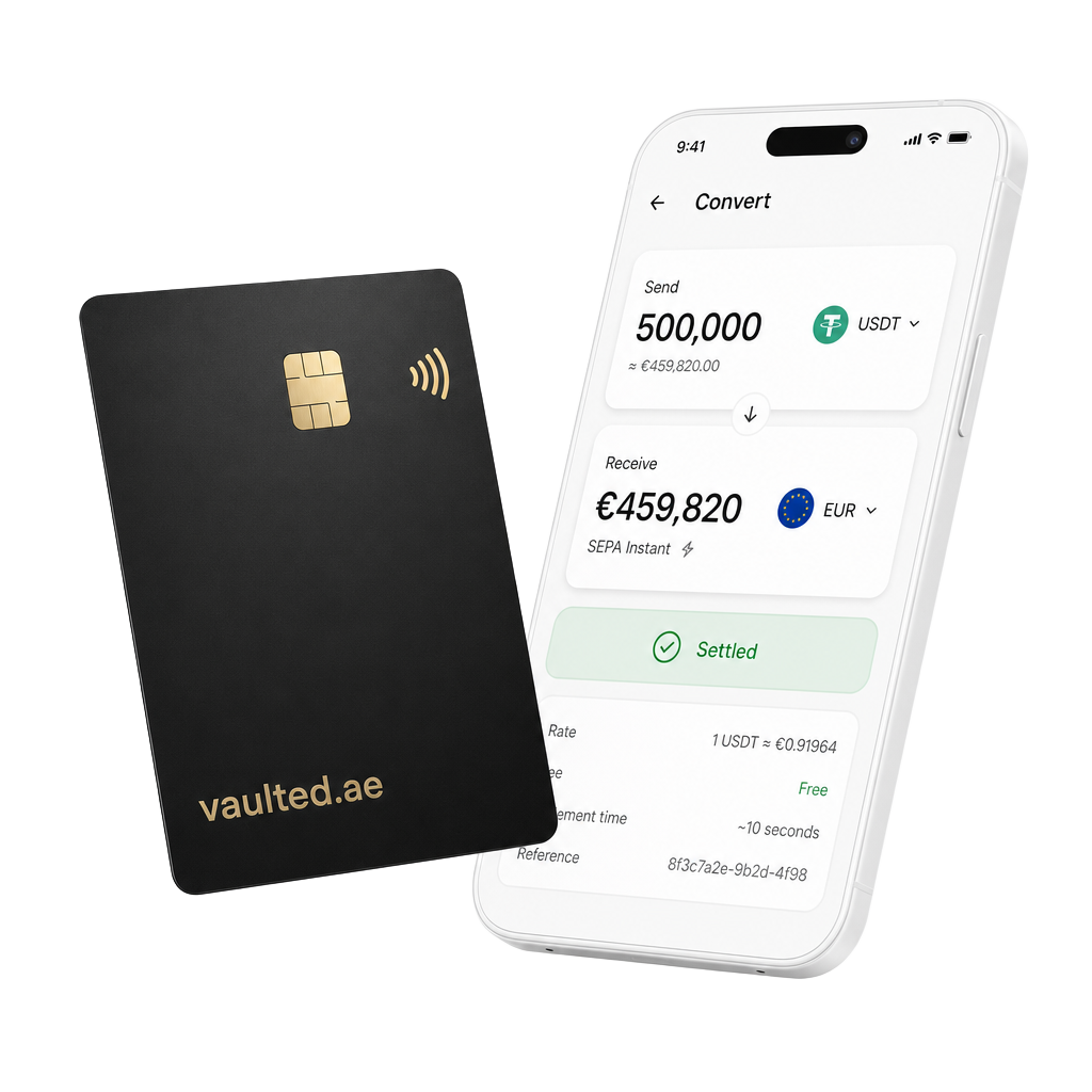 Vaulted card with fiat to crypto conversion on phone