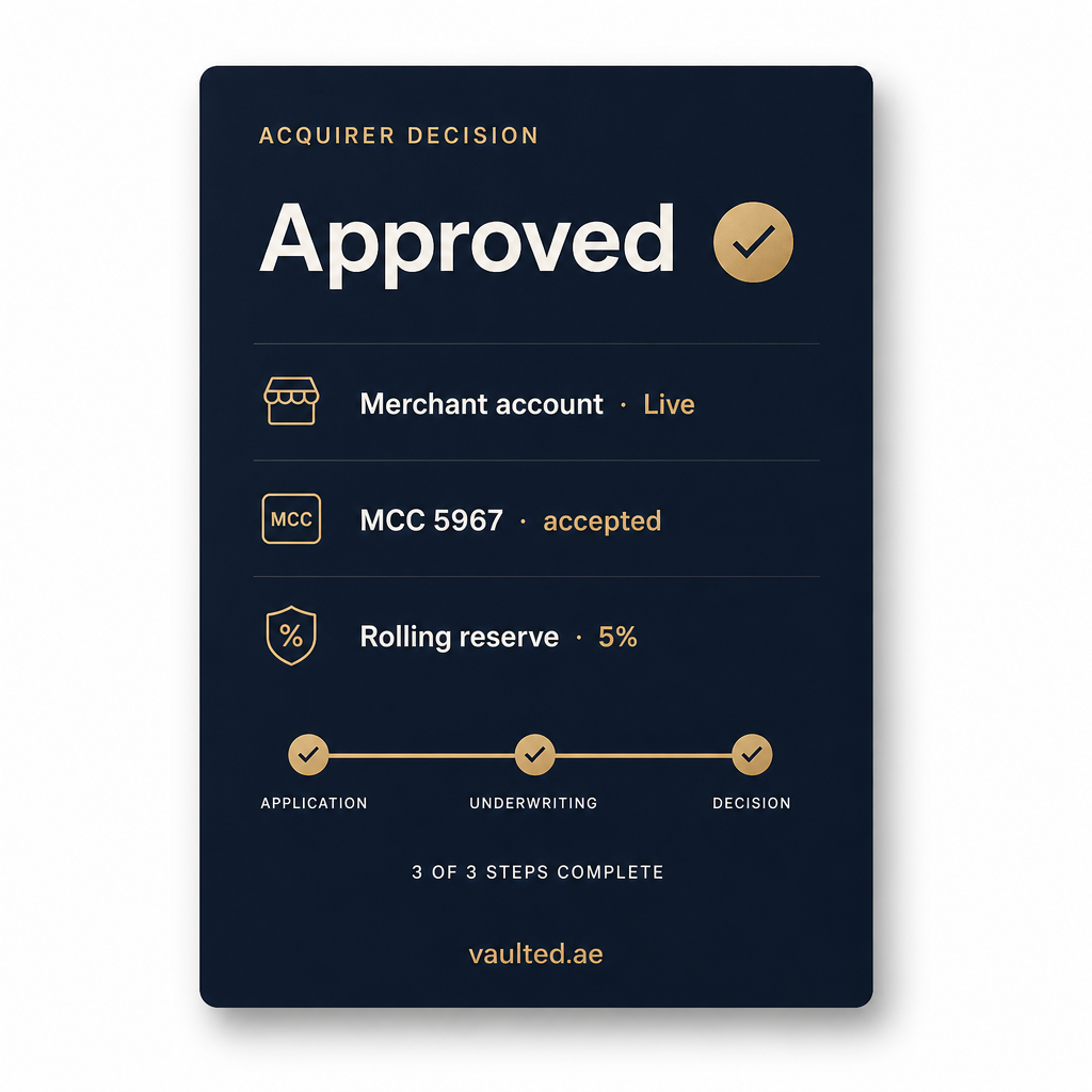 Acquirer decision card showing an approved merchant account, accepted business category and 5% rolling reserve